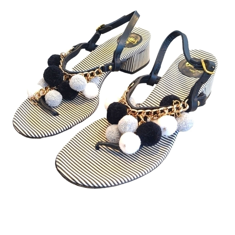 Butter Stripped Pompom Sandals with Chunky Heel, Made in Italy, Size 9.5